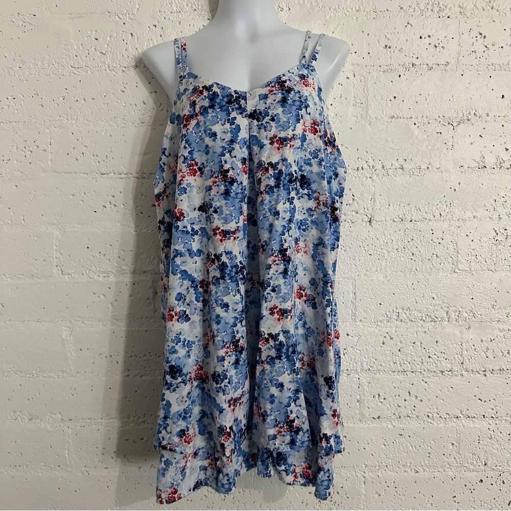 Crown & Ivy Womens Dress XL Red White Blue Floral Watercolor Rayon Strappy
